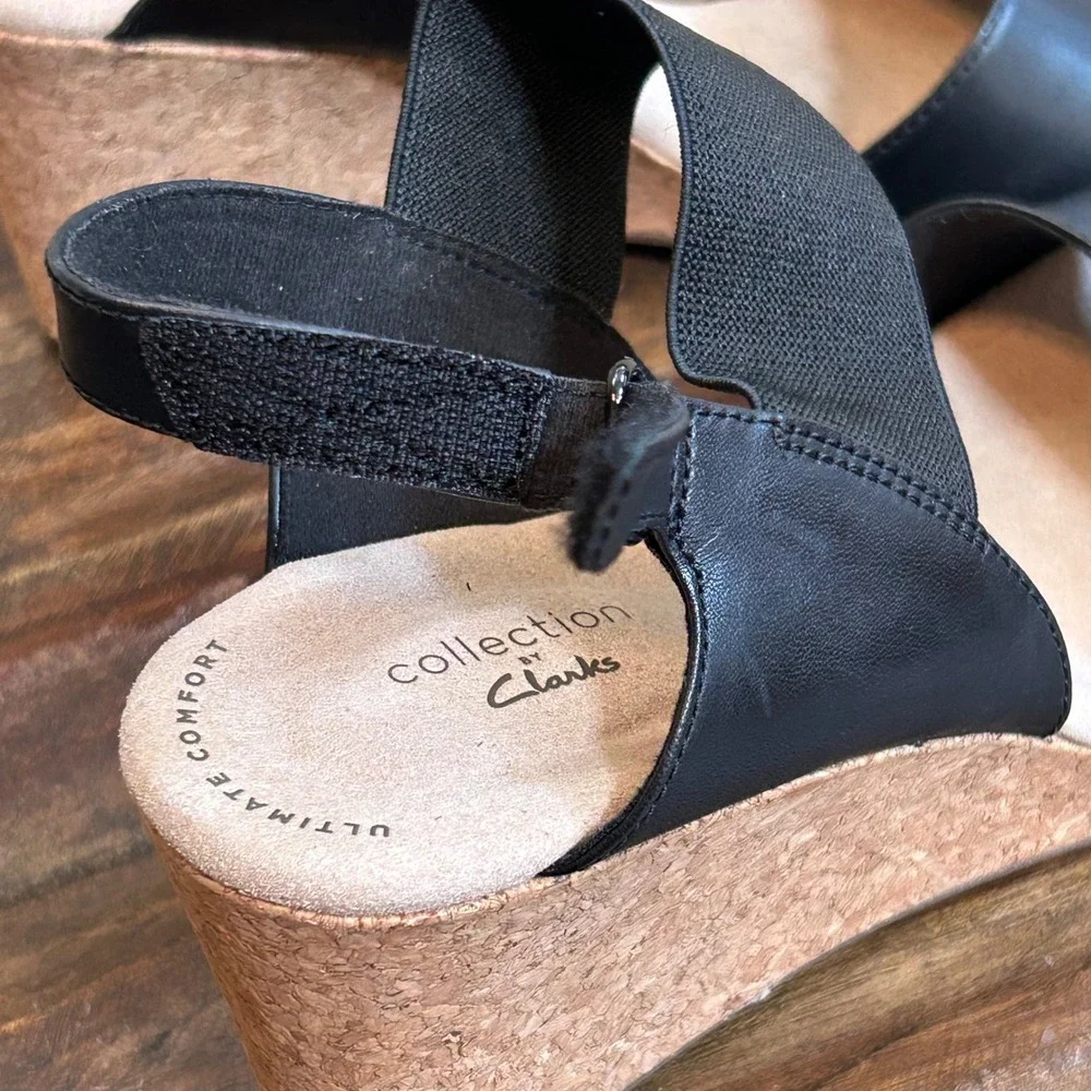 Clarks Lafley‎ Lily Wedge Sandals Women 10 Black Leather Comfort New